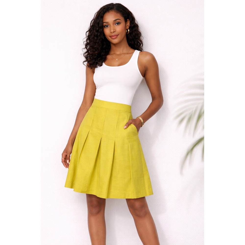 Banana Republic Chartreuse Pleated Skirt Size 10 Linen Blend Knee Length